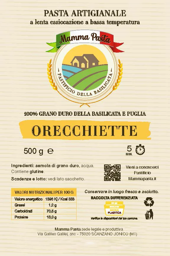Etichetta delle orecchiette Mamma Pasta con ingredienti, valori nutrizionali e origine