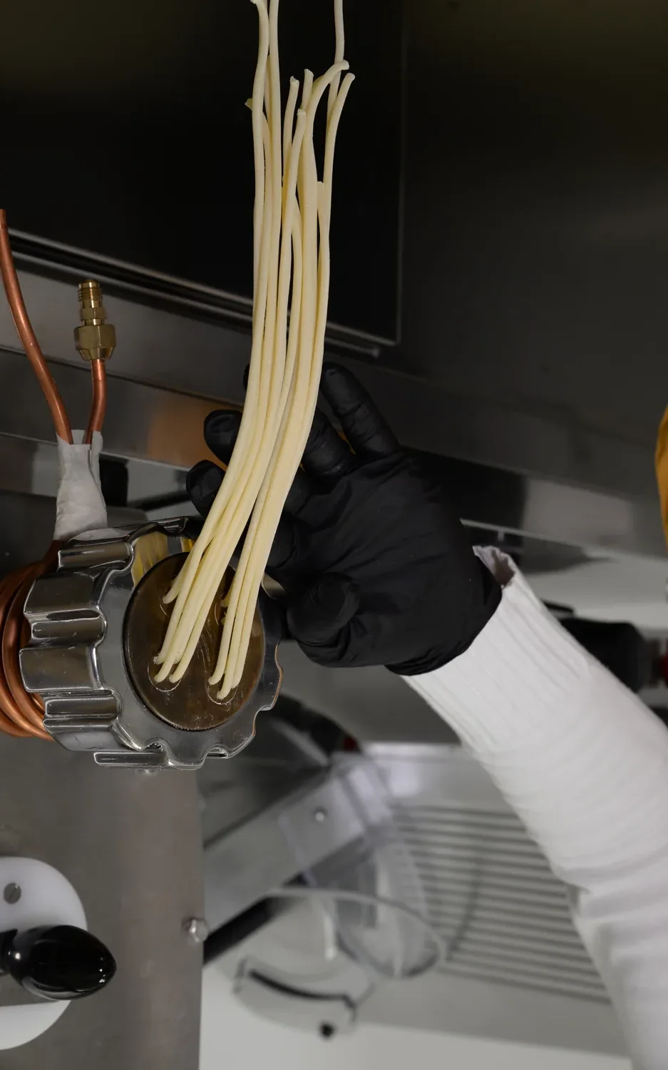 La pasta che esce dalla trafila di bronzo
